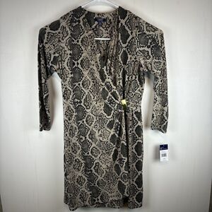 CHAPS Snakeskin Sheath Dress Women Size 16 Black Khaki Long Sleeve Faux Wrap NWT
